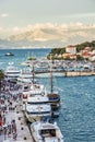 Old town of Trogir with crowds of tourists, view from the Kamerlengo fortress